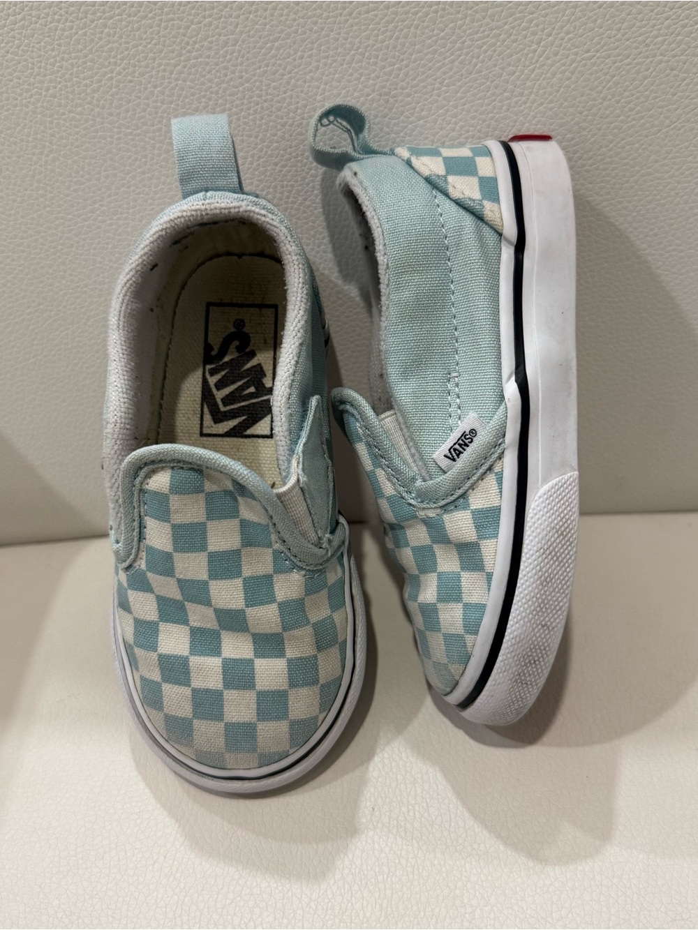 Vans Kids Slip-On Checkerboard Sneakers in Light Blue toddler size 6